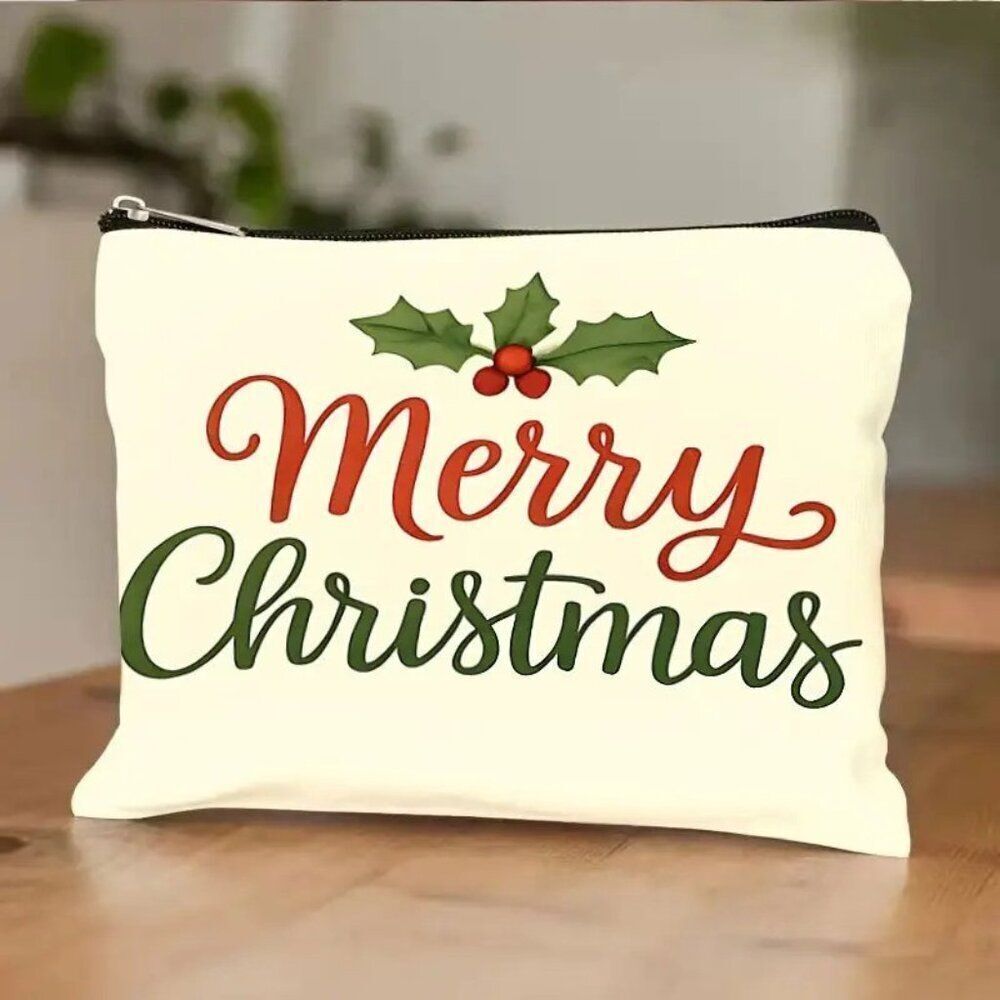 Merry Christmas Holly Leaves Holiday  Makeup Cosmetic Bag  Zipper Lightweight